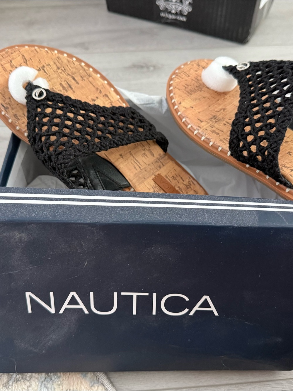 Nautica Black Crochet Toe-Ring Cork-Effect Sandals with Silver Accent